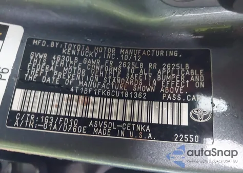 2012 Toyota Camry Le from USA, damaged, VIN 4T1BF1FK6CU181362